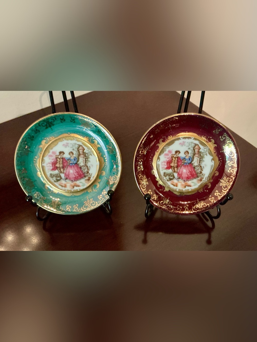 KPM Berlin Porcelain Miniature Plates in Turquoise and Burgundy with Gold Trim